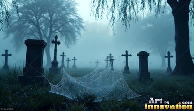 A large spider web sits on the grass in a graveyard filled with blue fog