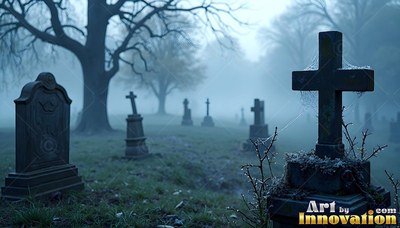 In a foggy cemetery, stone crosses and headstones stand under bare trees