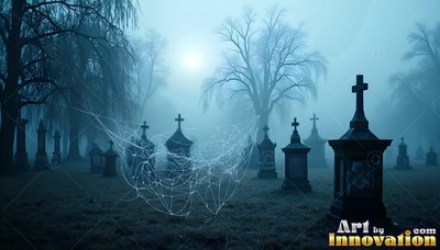 Hanging between dark tombstones, a white spider web sways in blue fog under the moon