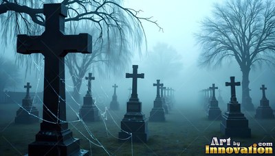 Dark cross headstones covered in cobwebs in thick blue fog