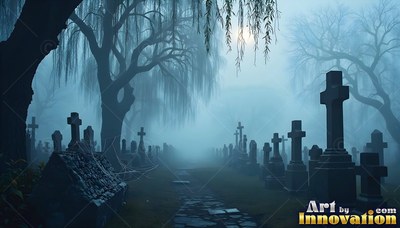 Thick spiderwebs cling to cross headstones along a cobblestone path in a misty blue cemetery