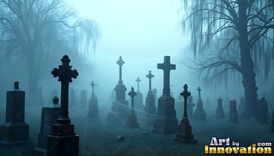 Tombstones stand in thick cemetery fog beneath pale blue moonlight