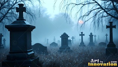Standing upright in a cemetery, stone crosses rise in blue fog