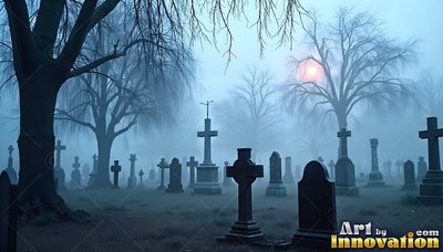 Dark tombstones and bare trees stand in thick blue fog under a dim moon