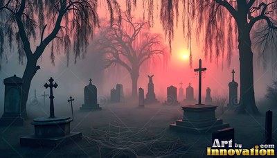 In a foggy graveyard, dark cross headstones stand beneath a pink sky