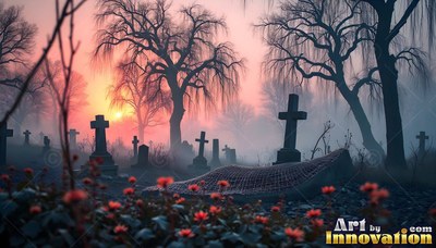 Standing in morning fog, stone crosses fill a quiet graveyard beneath bare trees