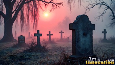Tombstones and bare trees in a misty graveyard under a pink moonlit sky