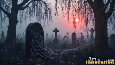 White spider webs drape over a dark tombstone in a misty graveyard at sunset