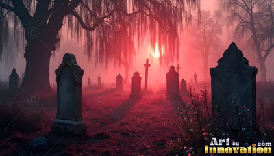 Tombstones stand in foggy grass beneath willow trees under a red moon
