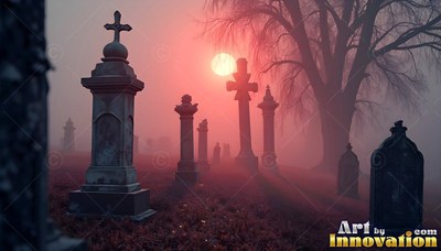 Standing upright across a misty graveyard, stone headstones cast long red shadows