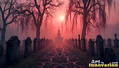 A path through a foggy graveyard leads to a church under a pink sky