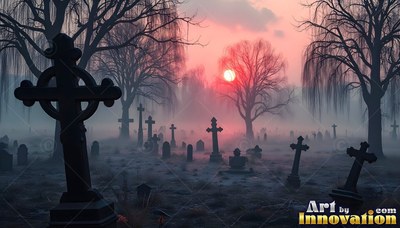 In a hazy graveyard at sunset, dark cross headstones stand under bare trees