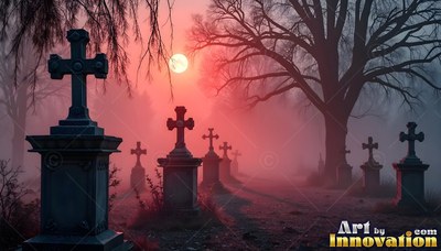 Standing in pink fog under a moon, stone cross headstones line a path