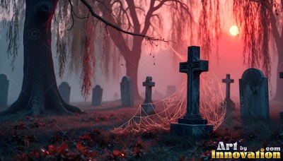A cross headstone draped in spiderwebs under a red sunset