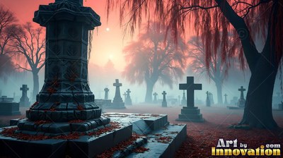 Fallen red leaves rest on a dark stone tomb in a graveyard in the mist under pink sky