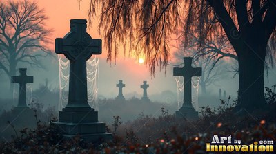 Cross headstones stand draped in spiderwebs beneath an orange dawn sky