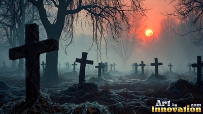 Leaning dark cross headstones stand across a misty graveyard at sunset