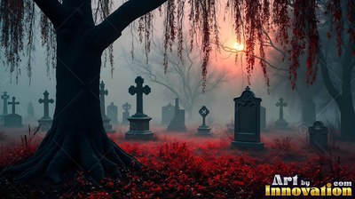 Tombstones sit in foggy red grass beneath a dark willow tree at sunset