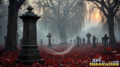 In a misty graveyard, white spiderwebs hang between tombstones over red leaves