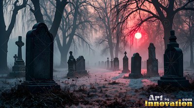 Standing in frosty grass, dark headstones fill a foggy graveyard under a red moon
