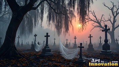 Graveyard headstones covered in cobwebs under a foggy sunrise sky