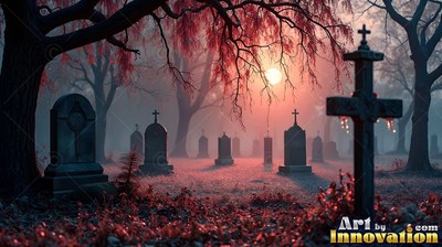 A dark stone cross headstone stands in a foggy cemetery beneath red leaves and the moon