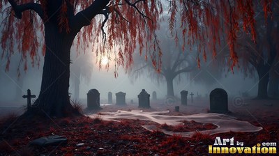 Tombstones sit across a foggy cemetery beneath red willows lit by a pale white moon