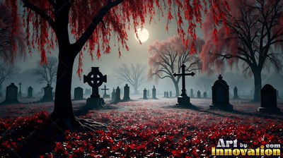 Standing upright in a graveyard in the fog, dark tombstones under red trees