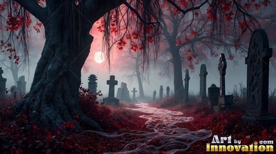 A misty cemetery has red autumn leaves and old tombstones under a bright full moon
