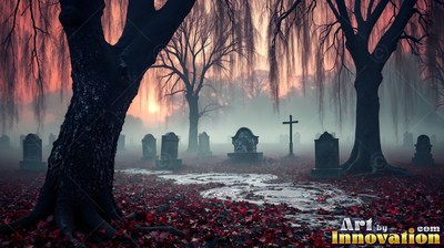 In a foggy cemetery, stone graves sit under bare weeping trees at dawn