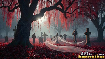 Drifting over red leaves, a white veil trails past gravestones under a red tree