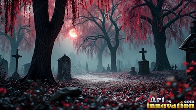 A graveyard with red weeping trees and a full moon in fog