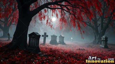 Bright red leaves drape over gray tombstones in a misty graveyard under a full moon