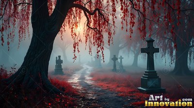 A path winds past tombstones in a hazy graveyard under trees with red leaves lit by pale orange light