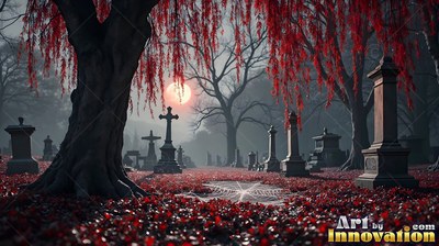Looking from low ground across a foggy cemetery under red willow trees