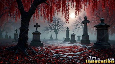 Old tombstones stand in a foggy graveyard under red trees and a moon