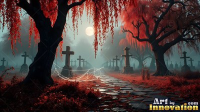 In a misty graveyard, red willow trees and stone crosses line a paved path under the bright full moon