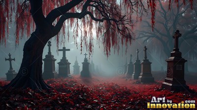 Standing in pale mist, a graveyard sits covered in deep red leaves under a weeping willow tree