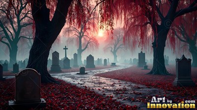 Tombstones stand along a foggy path under red weeping trees
