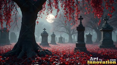 Dark red leaves hang over a misty graveyard filled with stone headstones under a full moon