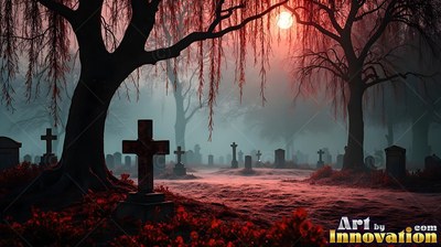 Tombstones sit in foggy grass under bare weeping trees lit by a red moon