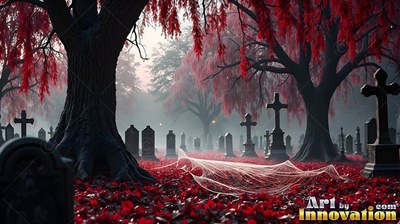 Stretched low across red leaves in a hazy graveyard, a wide spiderweb