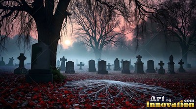 Foggy cemetery at dawn with dark headstones, red leaves, and bare trees