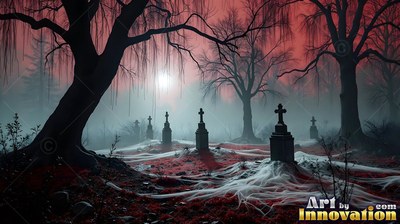 In a misty graveyard, dark cross headstones stand under a red sky covered in cobwebs