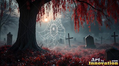 Hanging from a red tree, a white spider web stretches over foggy graves in a dark cemetery
