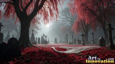 A hazy graveyard with red leaf trees and dark stone crosses
