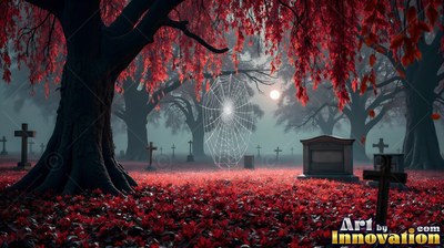 A white spiderweb hangs between trees above red leaves in a foggy cemetery
