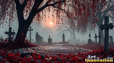 Old tombstones stand in thick fog beneath red willow branches in pale orange light