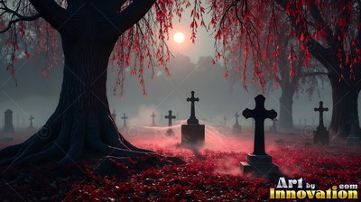 Facing upright across a misty graveyard with red leaves under a moon