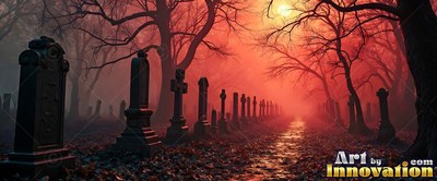 Old tombstones line a dark path in a foggy cemetery under a red sky